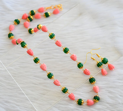 Gold tone green pumpkin bead-baby pink tulip beaded necklace set dj-44828