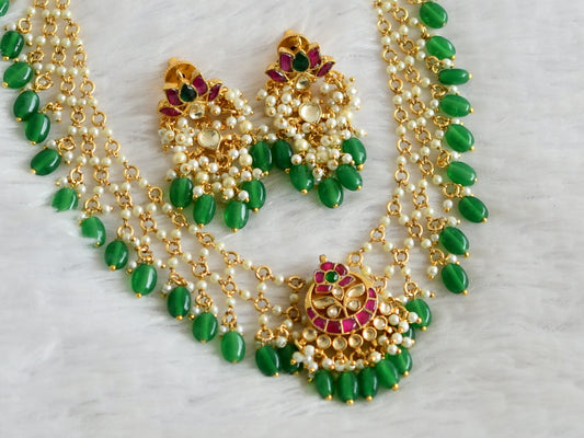 Gold tone pink-green-white kundan jadau pearl-green beaded necklace set dj-50237