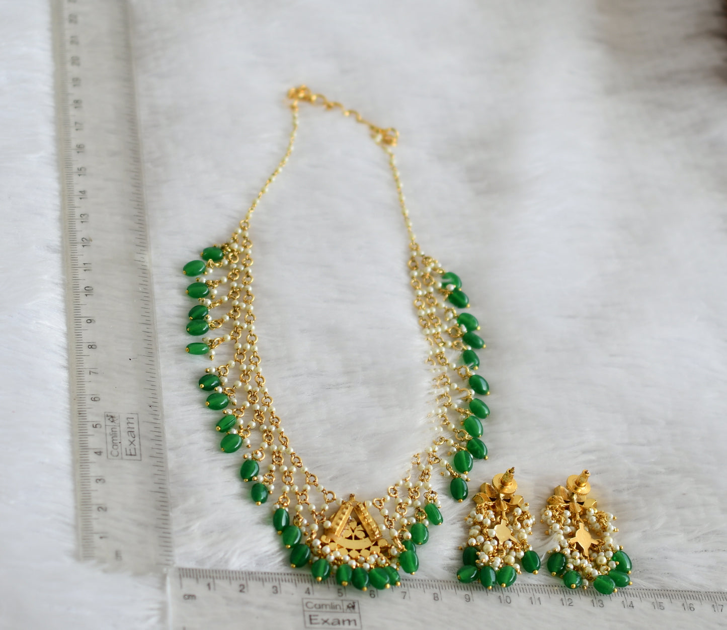 Gold tone pink-green-white kundan jadau pearl-green beaded necklace set dj-50237