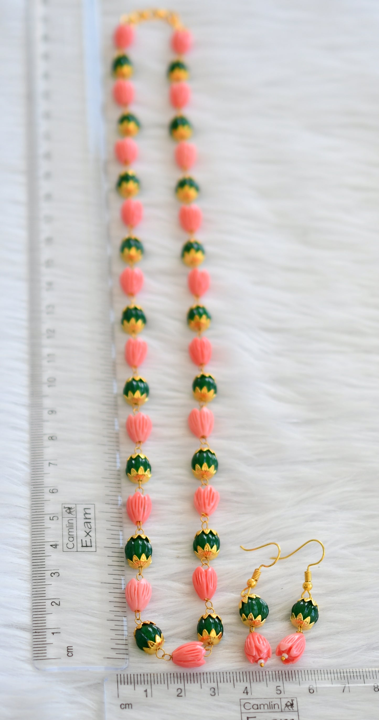 Gold tone green pumpkin bead-baby pink tulip beaded necklace set dj-44828