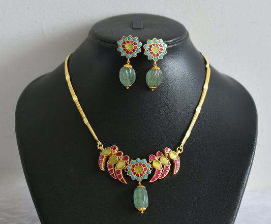 Gold look alike pink-green-blue peacock kundan jadau green beaded choker necklace set dj-50233
