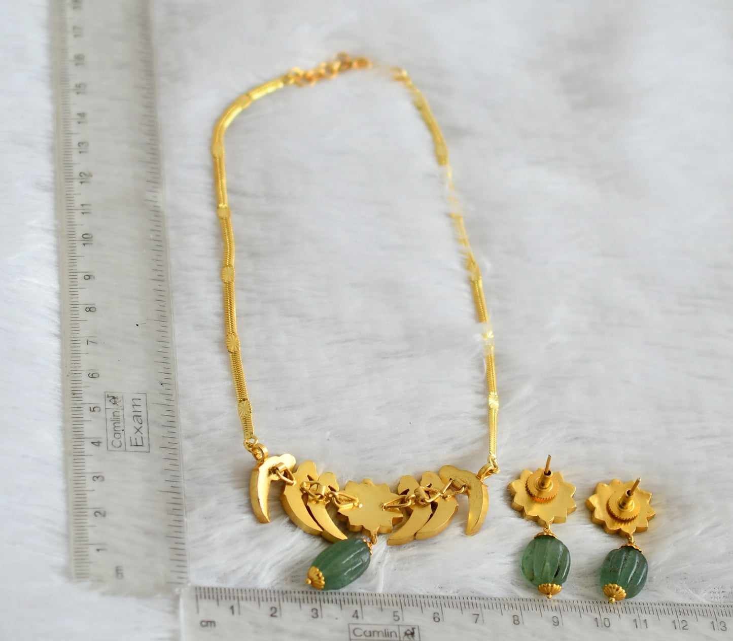 Gold look alike pink-green-blue peacock kundan jadau green beaded choker necklace set dj-50233