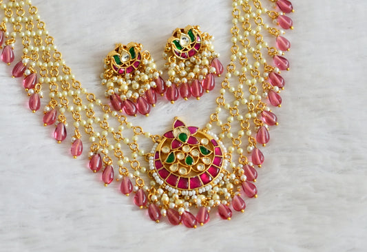 Gold tone pink-green-white kundan jadau pearl pink beaded moon necklace set dj-50236