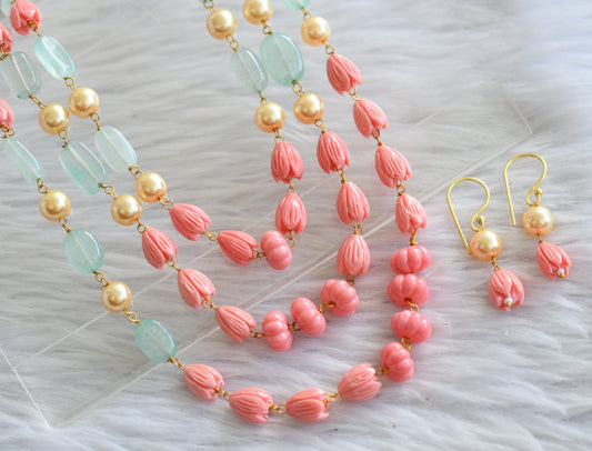 Gold tone pearl-baby pink pumpkin-tulip beaded multi layer mala set dj-44829