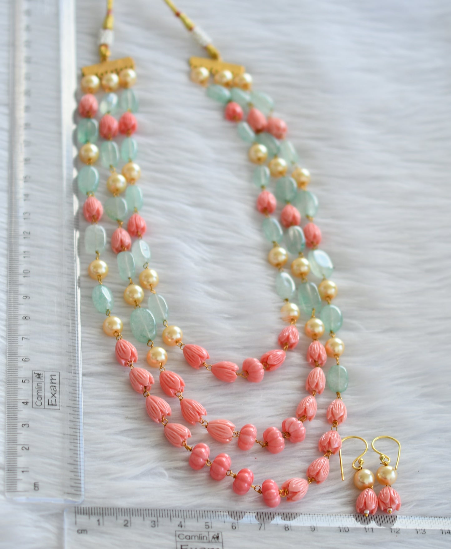 Gold tone pearl-baby pink pumpkin-tulip beaded multi layer mala set dj-44829