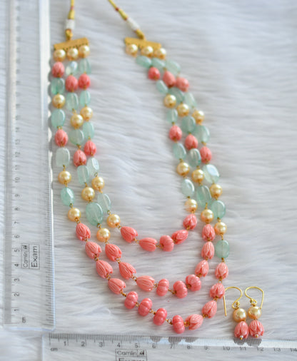 Gold tone pearl-baby pink pumpkin-tulip beaded multi layer mala set dj-44829