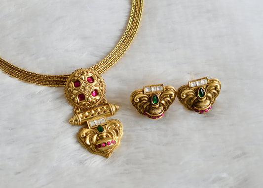 Antique gold tone pink-green-white jadau necklace set dj-50239