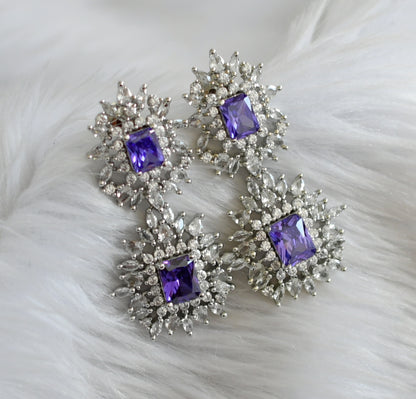 Silver tone purple-white square stone earrings dj-44840