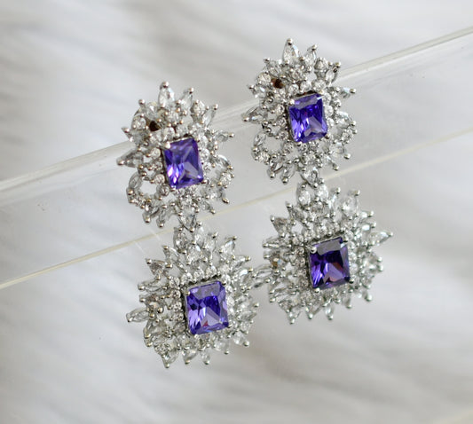 Silver tone purple-white square stone earrings dj-44840