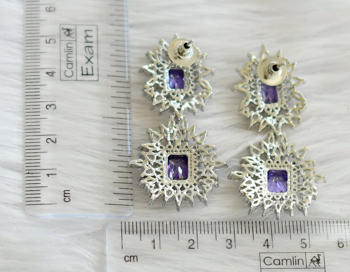Silver tone purple-white square stone earrings dj-44840