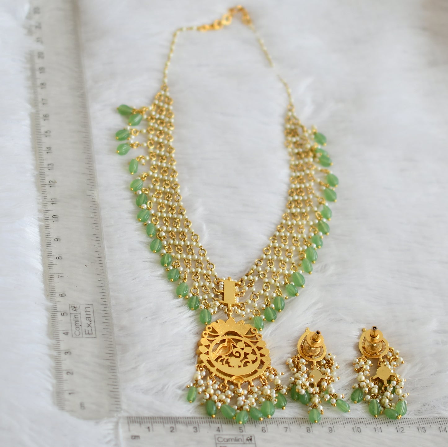 Gold tone pink-green-white kundan jadau pearl-sea green beaded lotus bird necklace dj-50238
