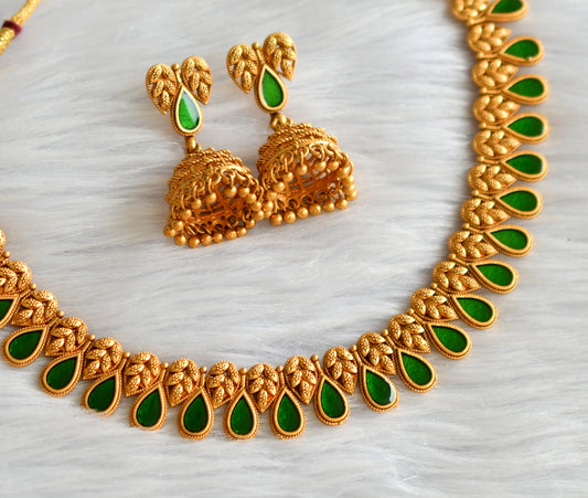 Matte finish green thilak shape necklace set dj-43295