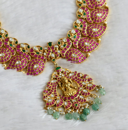 Matte finish pink-green-white kundan jadau green beaded lakshmi peacock necklace dj-50250