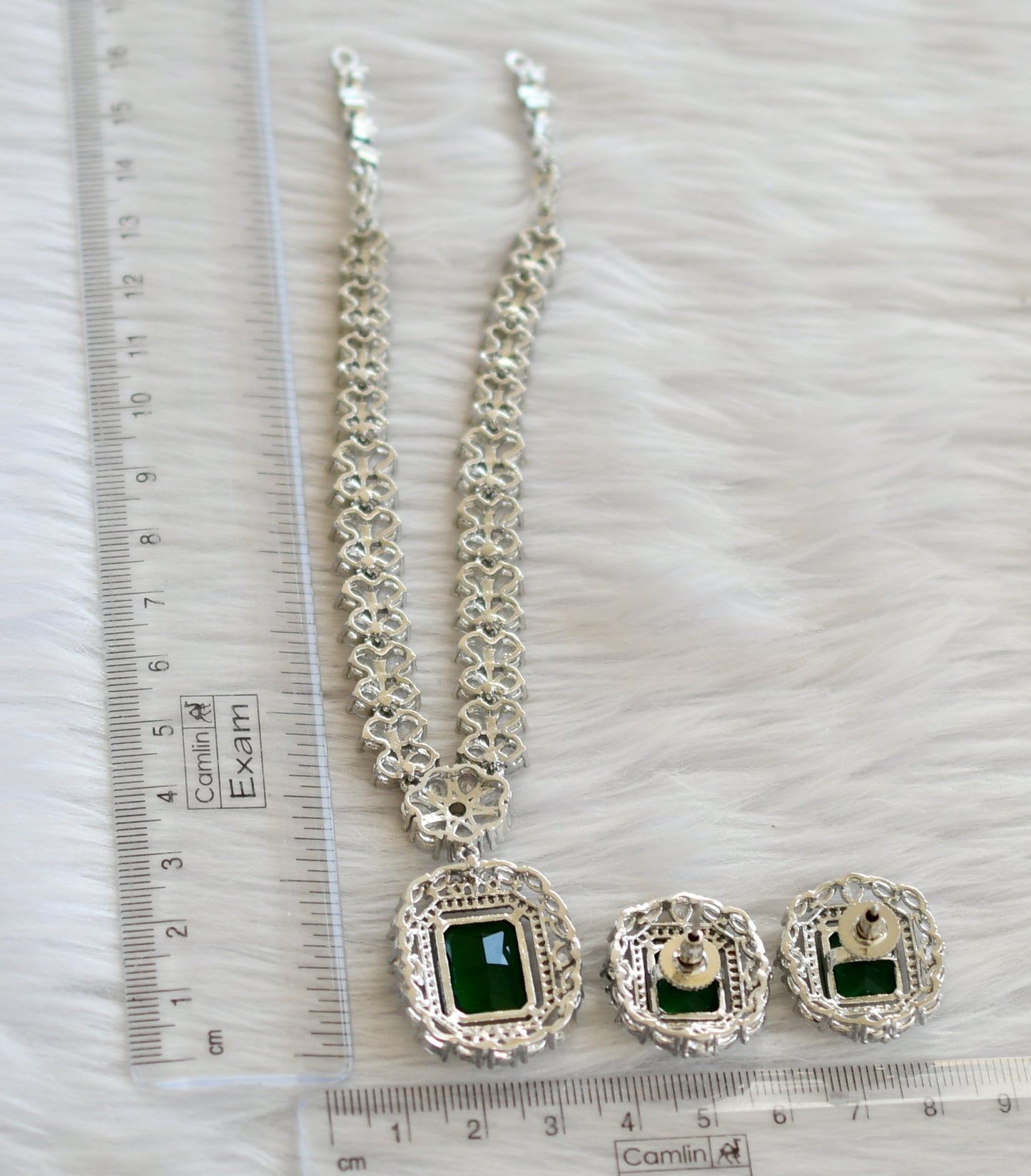 Silver tone bottle green-white square stone necklace set dj-44833