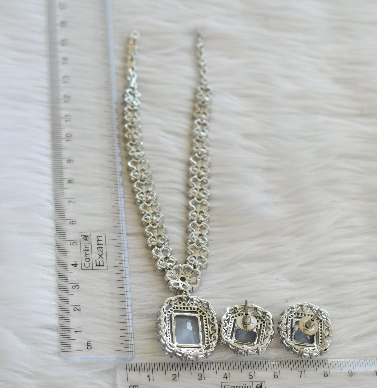 Silver tone grey-white square stone necklace set dj-44836