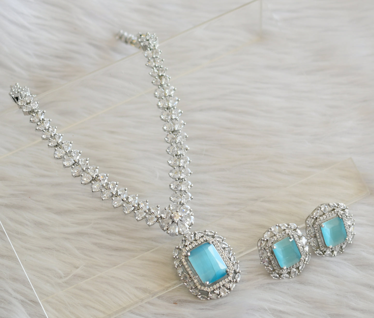 Silver tone sky blue-white square stone necklace set dj-44838