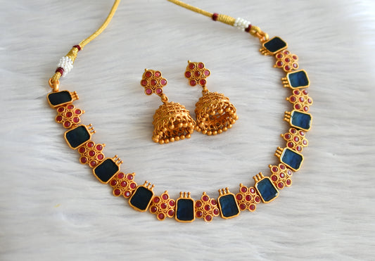 Matte finish pink-blue block stone flower kerala style necklace set dj-43291