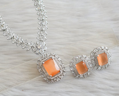 Silver tone orange-white square stone necklace set dj-44830