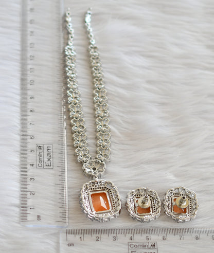 Silver tone orange-white square stone necklace set dj-44830