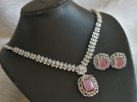 Silver tone baby pink-white square stone necklace set dj-44834