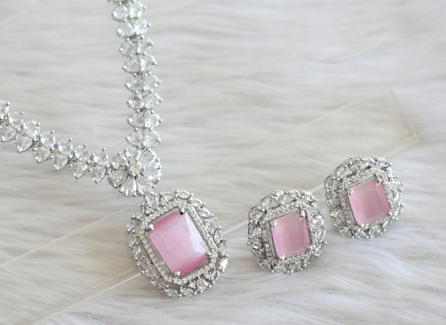 Silver tone baby pink-white square stone necklace set dj-44834