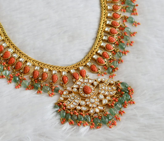 Matte finish carved coral-white kundan jadau green beaded mango necklace dj-50251