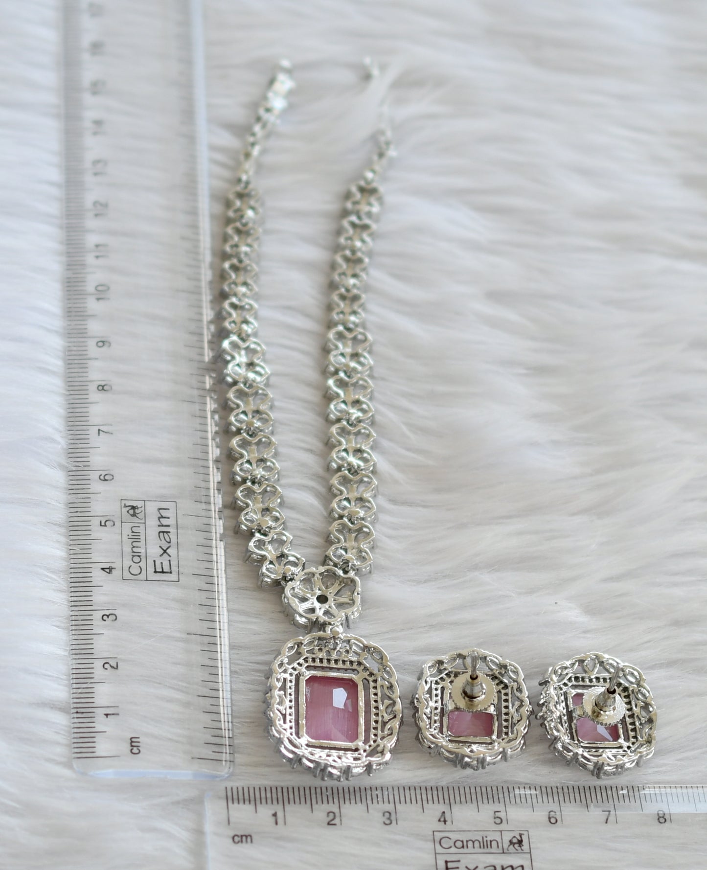 Silver tone baby pink-white square stone necklace set dj-44834