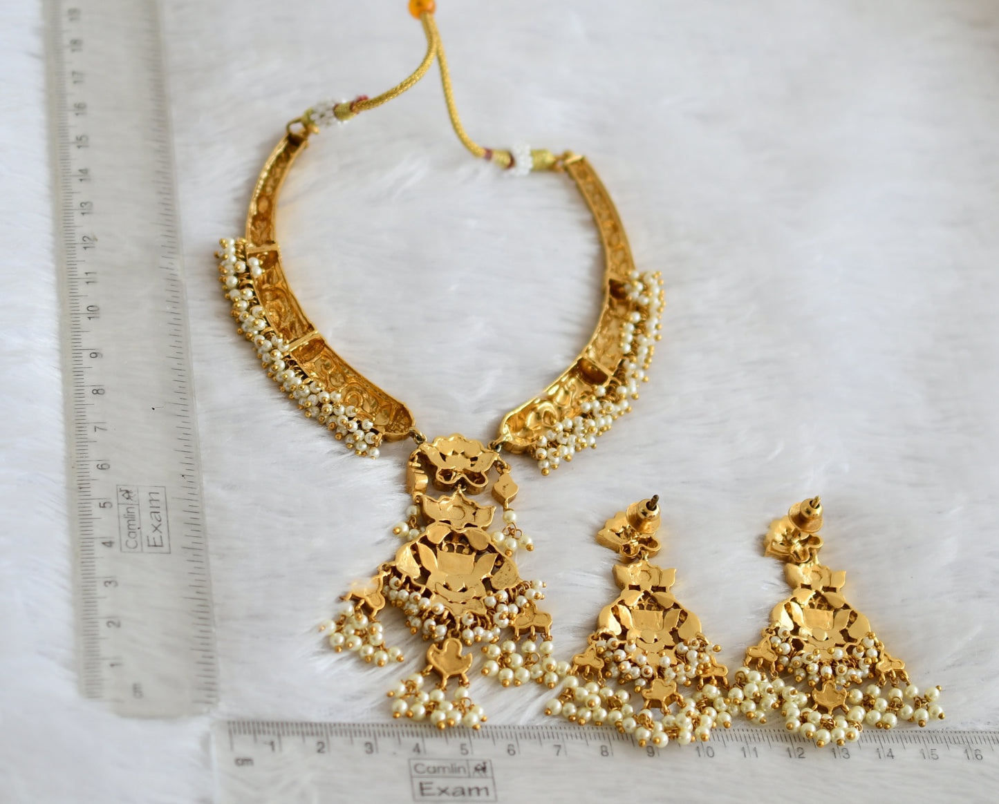 Antique gold tone pink-green-white kante kundan jadau pearl cluster necklace set dj-50248