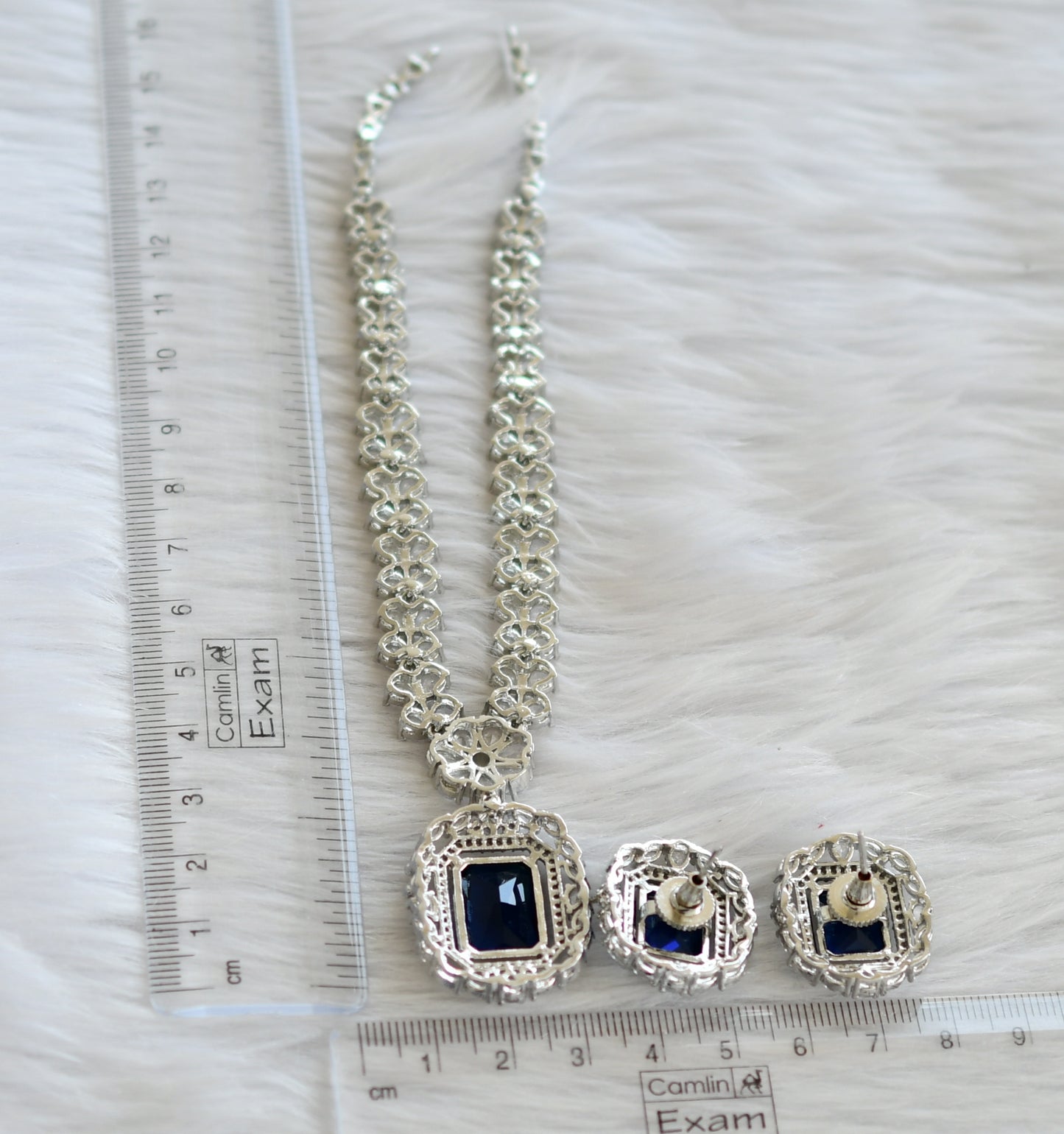 Silver tone blue-white square stone necklace set dj-44831