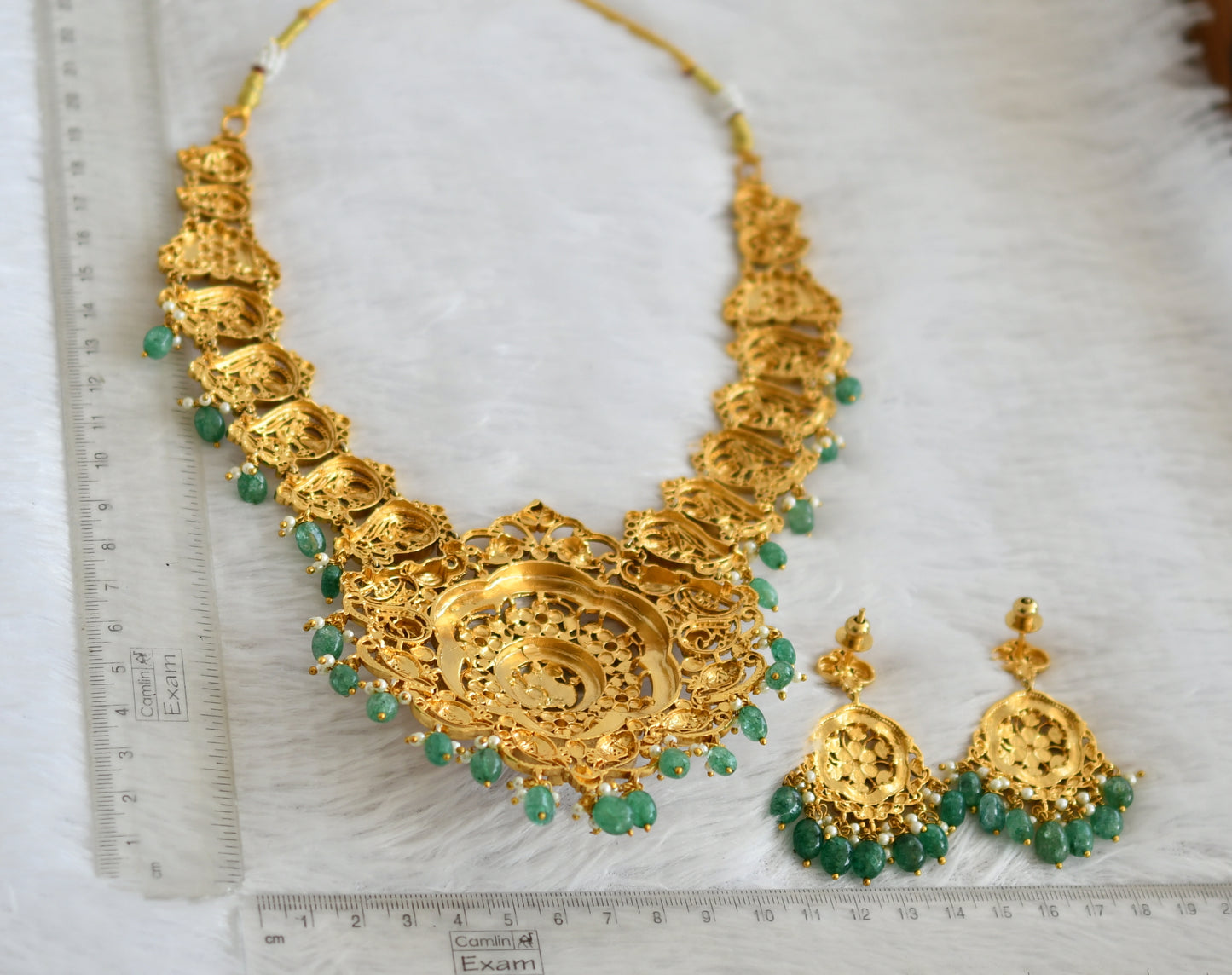 Antique gold tone pink-green-white huge kundan jadau green beaded flower necklace set dj-50252