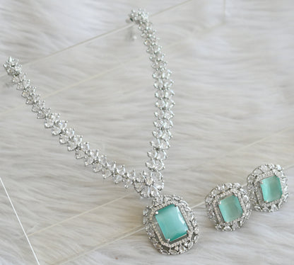 Silver tone sea green-white square stone necklace set dj-44832