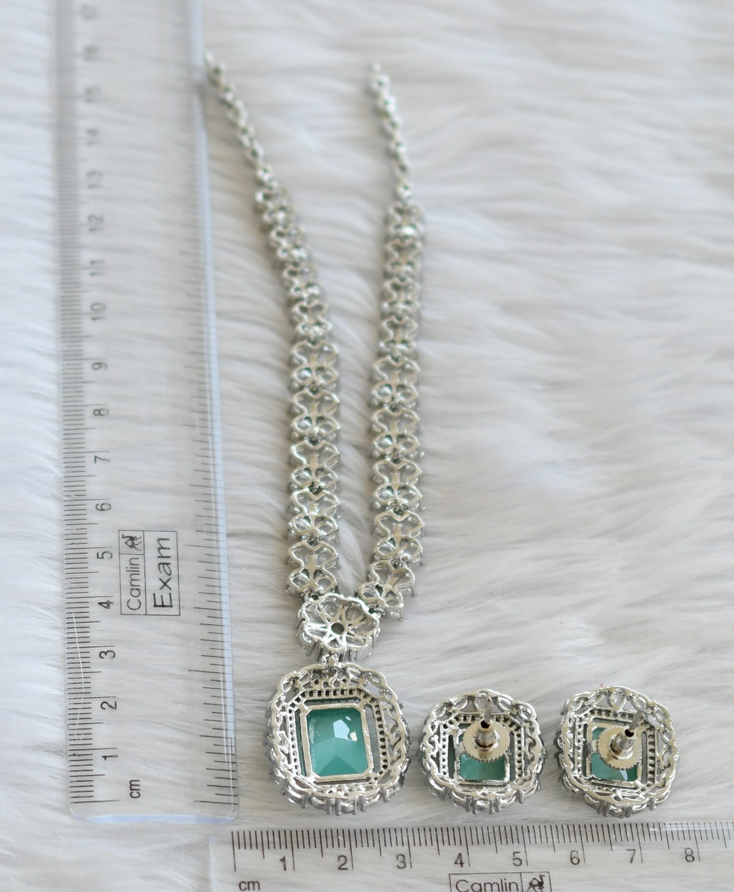 Silver tone sea green-white square stone necklace set dj-44832