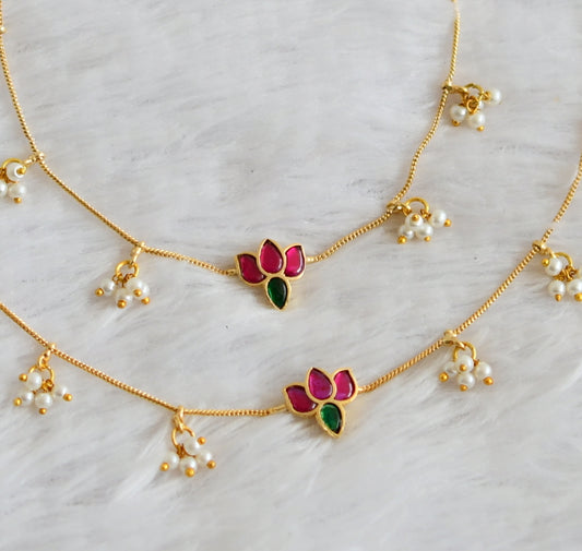Gold-tone pink-green kundan jadau pearl cluster lotus anklets dj-50232