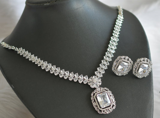 Silver tone cz white square stone necklace set dj-44837