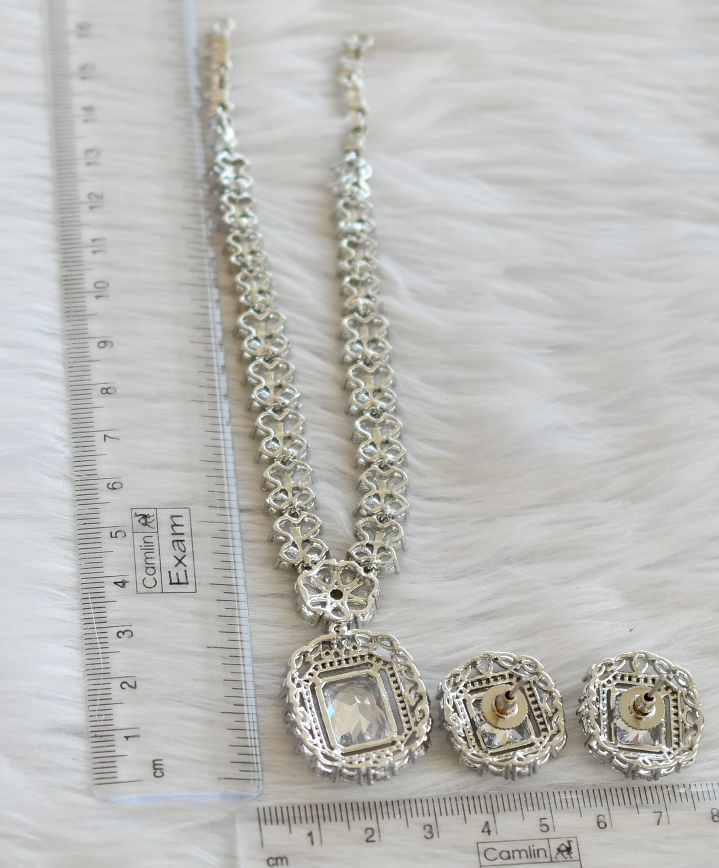 Silver tone cz white square stone necklace set dj-44837