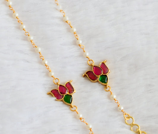 Gold tone pink-green kundan jadau pearl lotus ear side chain dj-50230