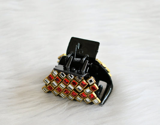 Red-white kundan stone black hair catch clip dj-44845