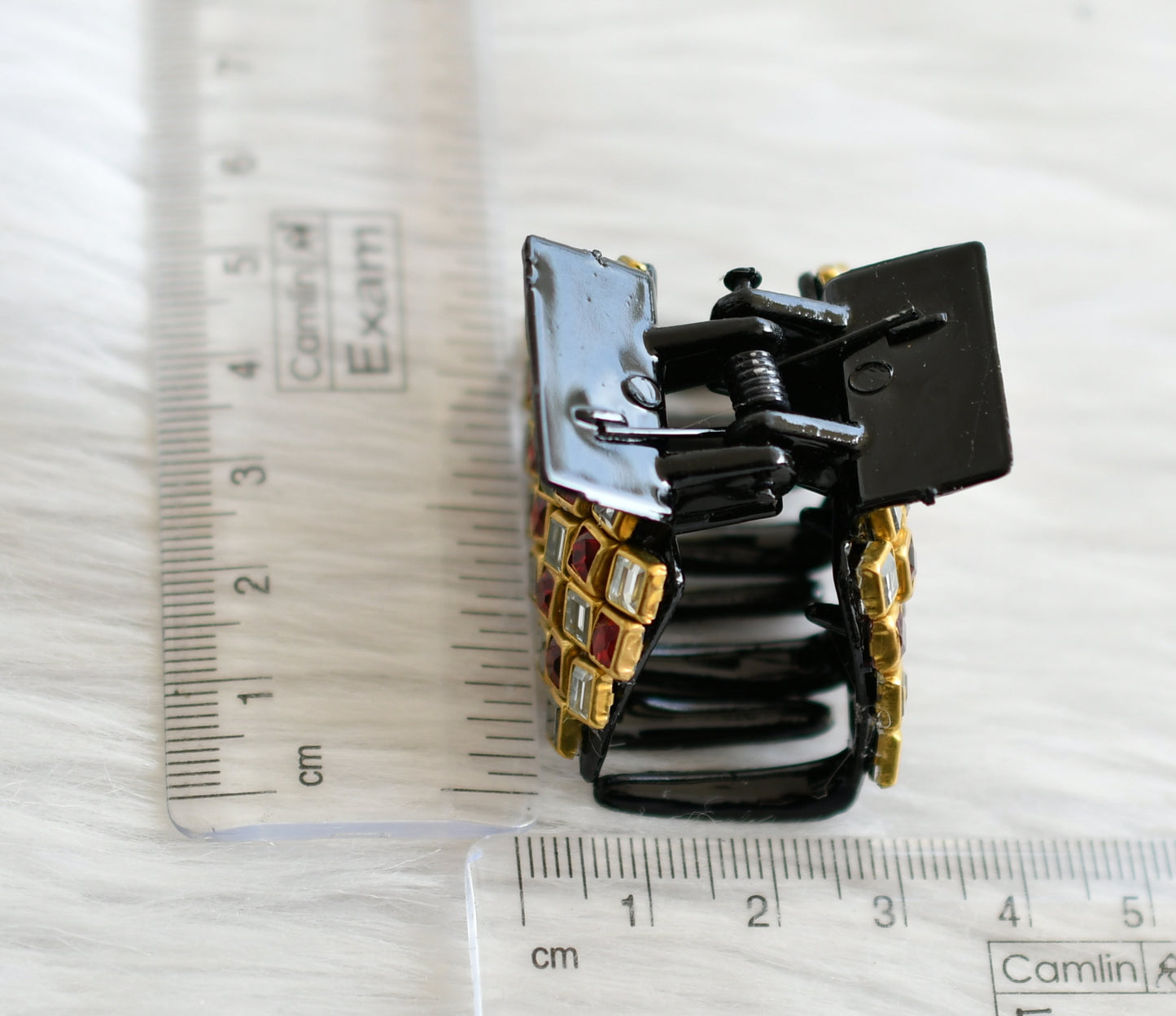 Red-white kundan stone black hair catch clip dj-44845