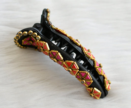 Pink-red-white kundan stone black hair catch clip dj-44857