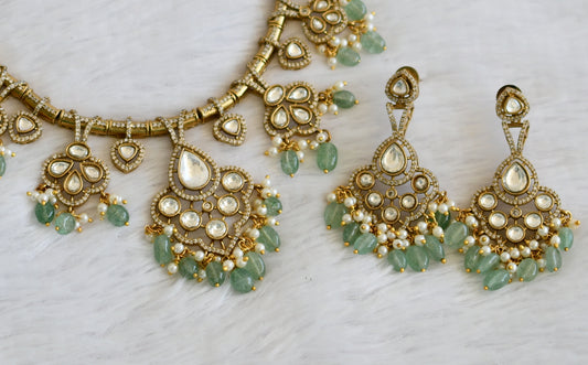 Antique gold tone cz white stone green beaded victorian necklace set dj-50261