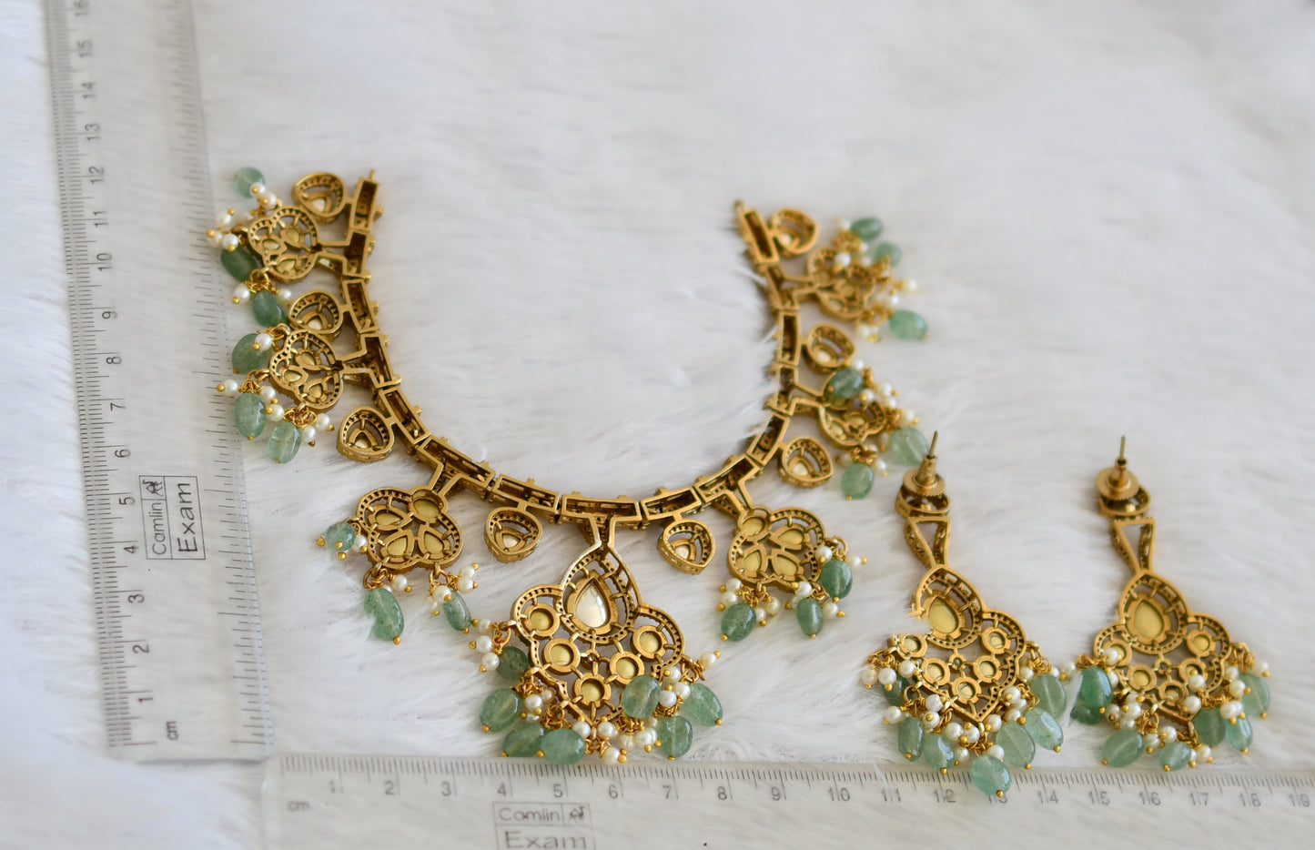 Antique gold tone cz white stone green beaded victorian necklace set dj-50261