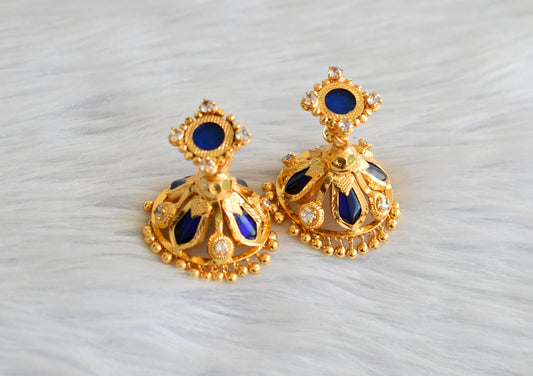 Gold tone kerala style blue nagapadam 4 petal jhumkka dj-43324