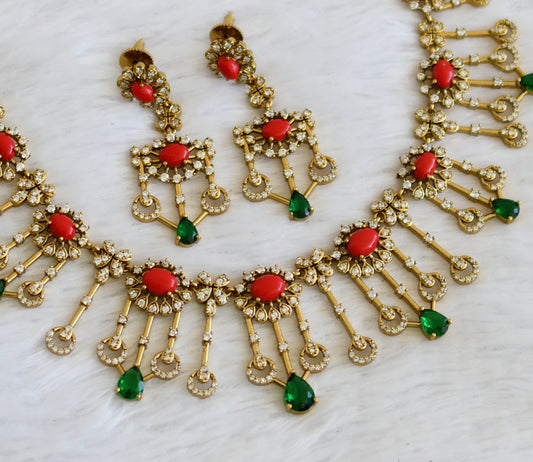 Antique gold tone cz coral-green stone flower necklace set dj-50255