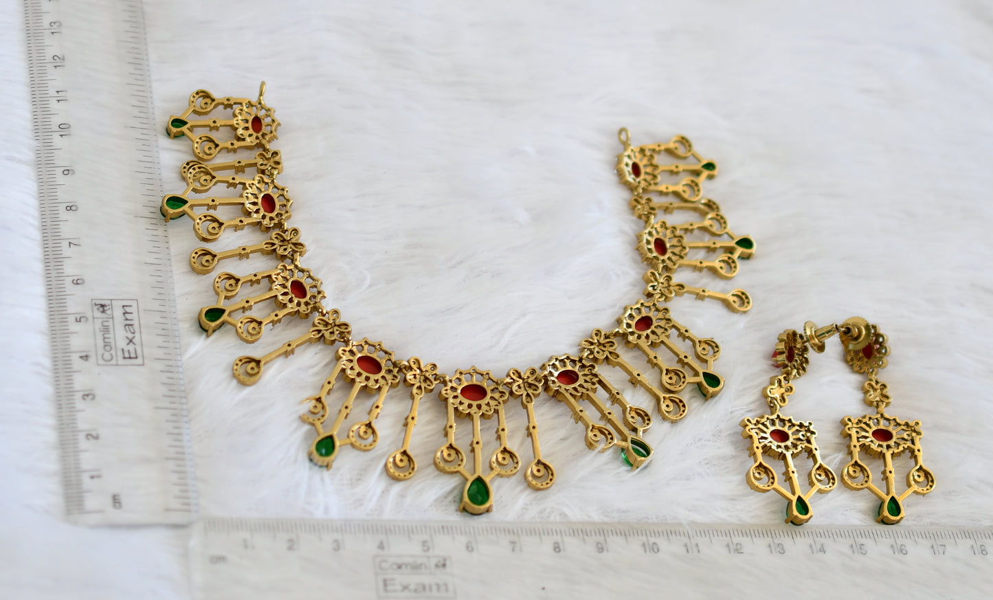 Antique gold tone cz coral-green stone flower necklace set dj-50255