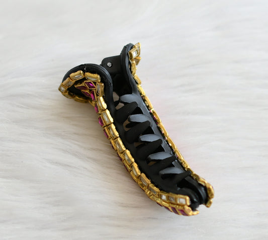 Pink-white kundan stone black hair catch clip dj-44855