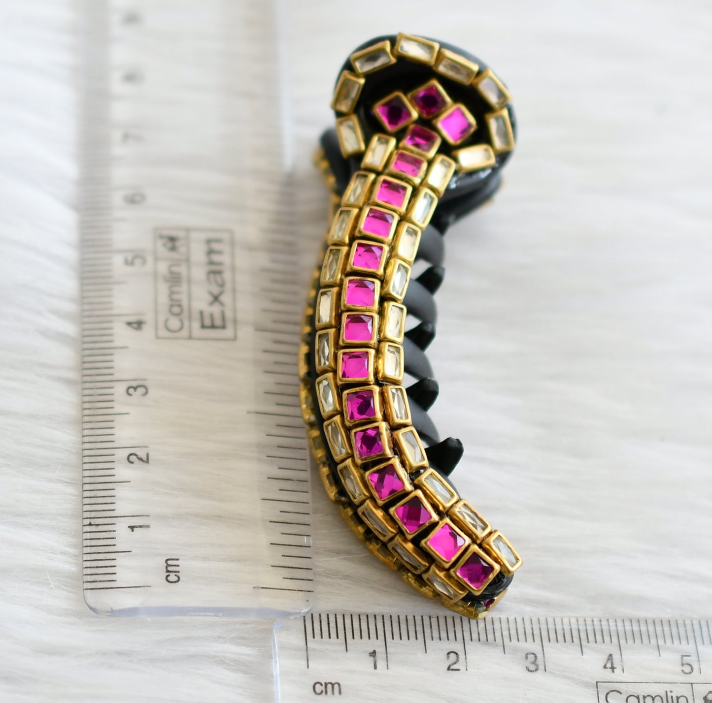 Pink-white kundan stone black hair catch clip dj-44855