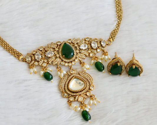 Antique gold tone cz emerald stone lotus green beaded choker set dj-50242
