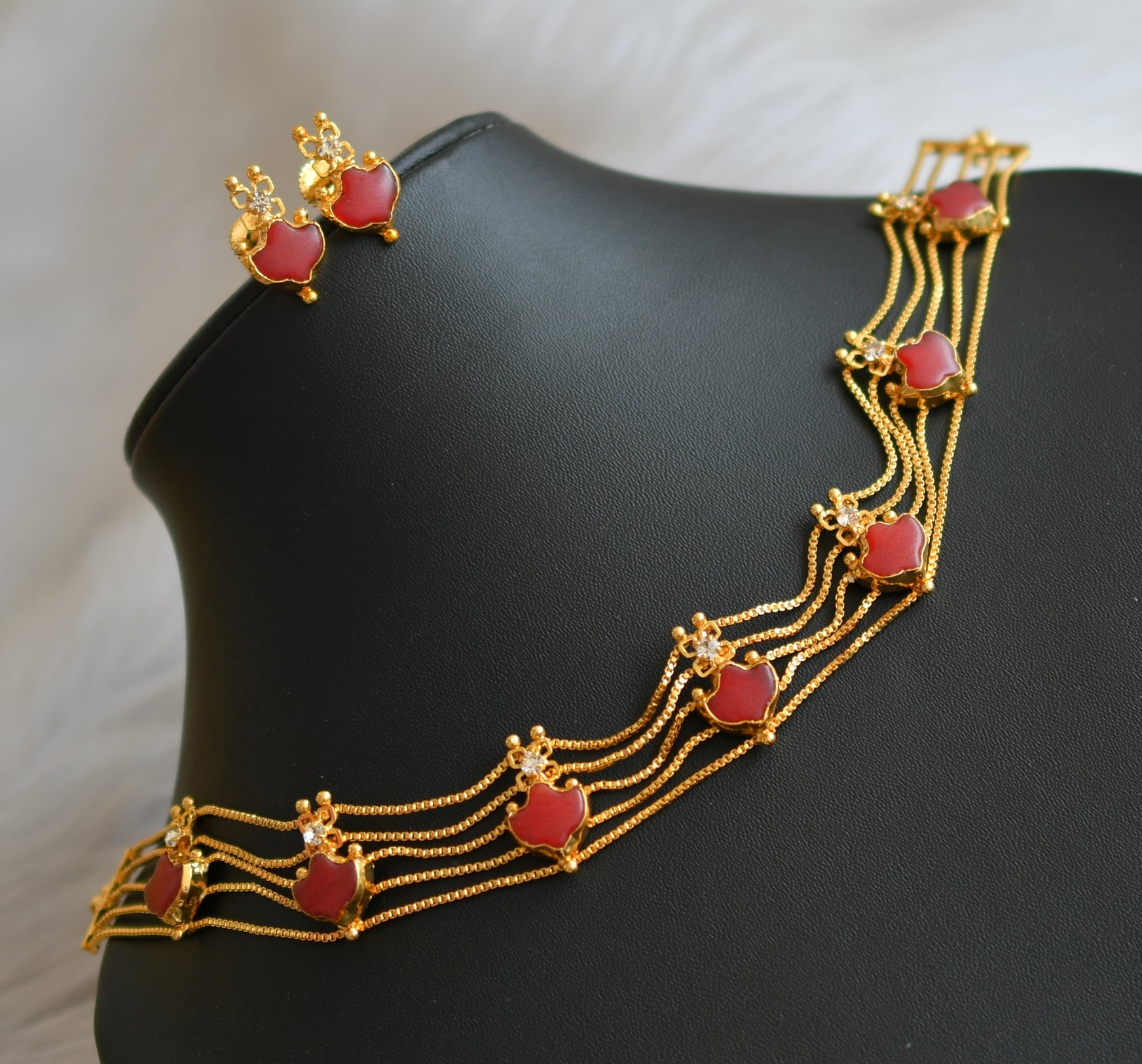 Gold tone red palakka Kerala style choker necklace set dj-42068