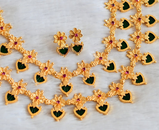 Gold tone pink stone Green palakka flower Kerala style double layer necklace set dj-41927