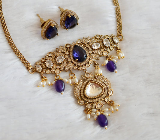 Antique gold tone cz purple stone lotus purple beaded choker set dj-50243